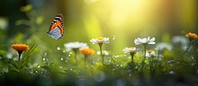 In The Background Of A Sunny Summer Day, A Flower Bloomed In The Midst Of Nature, Attracting A Delicate Butterfly With Its Vibrant Orange Color, Showcasing The Beauty Of The Green Surroundings And
