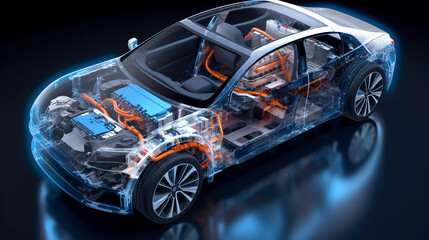 Electric car technical cutaway with all main details of EV system in ghost effect