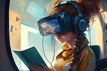 Wall Mural - Woman wearing virtual reality goggles and reading a book