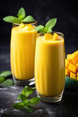 Two Passion fruit Lassi or exotic yellow smoothie on black background. Indian healthy beverage. Freshness lassi made of yogurt, water, spices, fruits and ice. Vertical format.