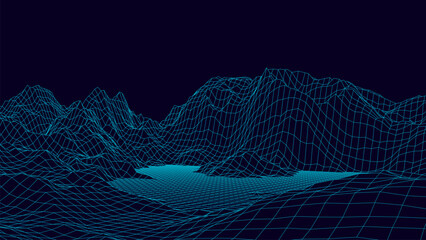 Futuristic digital neon landscape background. Abstract retro mountains texture. Big data visualization. For website and banner design. Vector illustration.