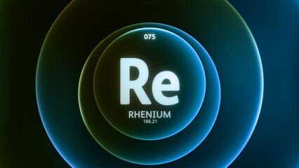 Canvas Print - Rhenium as Element 75 of the Periodic Table. Concept illustration on abstract green blue gradient rings seamless loop background. Title design for science content and infographic showcase display.