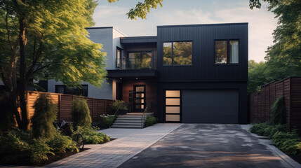 Luxury new private house. Scandinavian style. Grey and wooden exterior. Contemporary black metal cladding facade