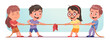 Kids playing tug of war game. Happy girls, boys friends teams pulling rope competition. Children leisure entertainment, fun, teamwork, sports activity. Flat vector kid character illustration