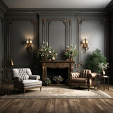 Fototapeta Uliczki - Luxurious vintage interior with fireplace in the old antique style. AI Generative