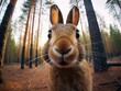 Close up portrait of a rabbit. Detailed image of the muzzle. A wild animal is looking at something. Illustration with distorted fisheye effect. Design for cover, card, decor, etc.