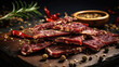 beef jerky with herbs and spices - dried beef on wooden plate, raw dried meat for cooking, dry meat beef in Thailand food