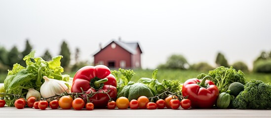 Poster - isolated white farmhouse, surrounded by natures vibrant green color, the background showcased a variety of healthy fruits and vegetables, including red tomatoes and green leaves, symbolizing the