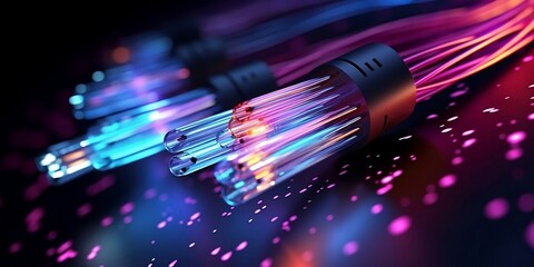 Fiber optics network cable on technology background. Superlative generative AI image