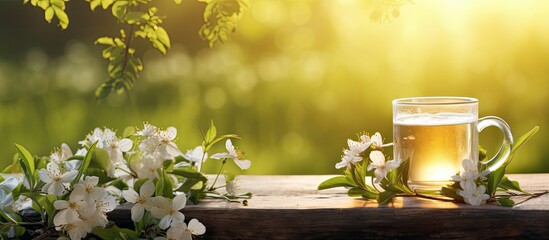 Wall Mural - in the beautiful garden, amidst the lush green grass and vibrant spring flowers, a delicate white te