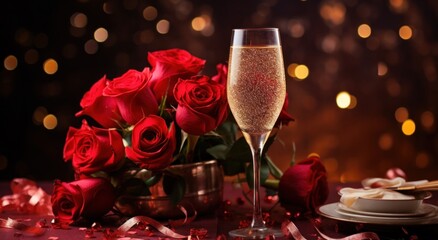 Wall Mural - rose with champagne and sparkling lights