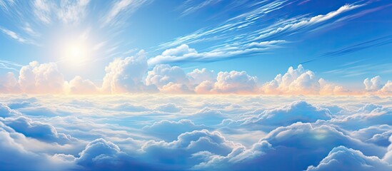 Wall Mural - As the abstract patterns of clouds filled the summer sky, the traveler marveled at the breathtaking landscape painted with vibrant colors of blue and white, accentuated by the golden sunlight