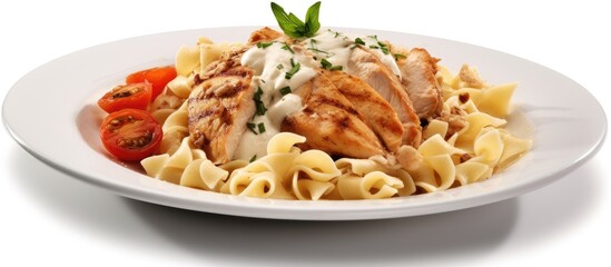 Canvas Print - At the white-themed restaurant, the chef skillfully cooked a healthy meal of creamy pasta topped with tender chicken, cheese, and meat, creating a mouthwatering plate that satisfied the guests hunger