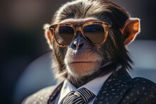 Generative AI Image Of Chic Chimpanzee Wearing Sunglasses And A Stylish Suit Looking At Camera While Standing Against Blurred Background