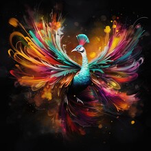 Feathers Of Fantasy: A Peacock In Flight, Its Plumage A Burst Of Spectacular Colors.