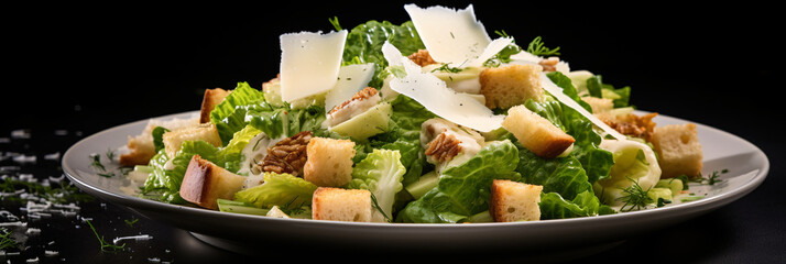 Wall Mural - Fresh caesar salad with parmesan cheese and cherry tomatoes, eggs, croutons on dark background. created with Generative AI	