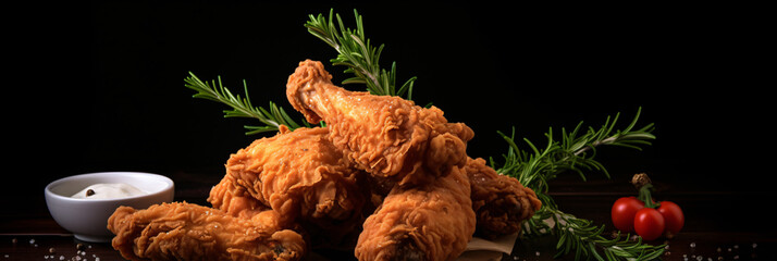 Wall Mural - Crispy fried chicken wings. Culinary photo, dark background. created with Generative AI	