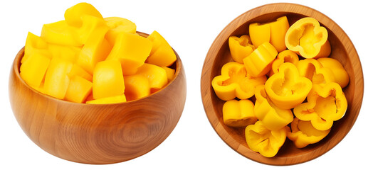 Wall Mural - Yellow bell pepper pieces in a wooden bowl isolated on a white background, vegetable collection