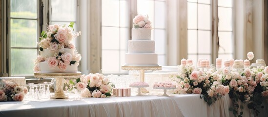 Sticker - At the wedding celebration, a beautiful cake was displayed on the table at the bakery, enticing guests with its elegance and creamy layers of dessert.