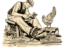 A Man Sitting On A Bench With A Bird On His Leg - woodcut of a dove and a shoemaker.