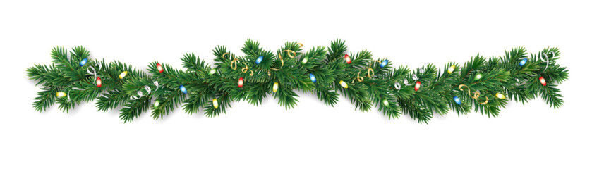 Wall Mural - Christmas tree garland isolated on trasparent background. Realistic pine tree branches with colourful Christmas lights decoration. Vector border for holiday banners, posters, cards.