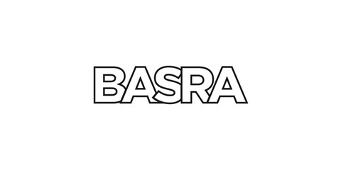  Basra in the Iraq emblem. The design features a geometric style, vector illustration with bold typography in a modern font. The graphic slogan lettering.