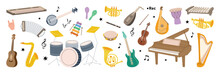 Musical Instruments Kit. Musical School Set. Tuba, Trumpet, Drum Flute, French Horn, Lute, Violin, Electric Bass Guitar, Acoustic Guitar.