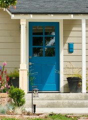 Wall Mural - bright teal blue front door to a cute cottage