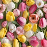 Fototapeta Tulipany - Seamless pattern of vibrant and lifelike tulips in high quality, featuring a top view perspective
