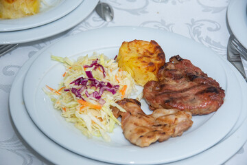 Sticker - pork barbecue with french fries and cabbage salad