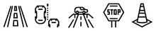 Conjunto de iconos de autopista. Conducción vial. Carretera, coches en movimiento, paso elevado, stop, cono de tráfico. Ilustración vectorial