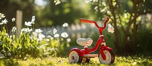 White Isolated Garden During Summer, A Cute Red Tricycle Sits Idle, Waiting For The Boy. With Springs Arrival, The Child Takes Action, Riding With Joy And Happiness, Symbolizing Success And Showcasing