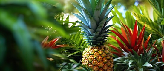  In the lush green garden, surrounded by the vibrant colors of summer, a pineapple tree thrived, its healthy leaves promising a tropical fruit-filled background for a nutritious and delicious meal.