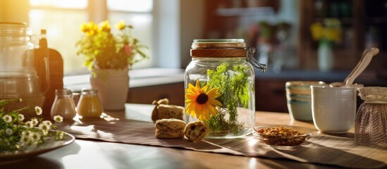 Sticker - vintage kitchen, an old glass jar with tea leaves sat beside a delicate flower vase, while a textured table displayed healthy food prepared with expert cooking skills, reflecting the plant-filled