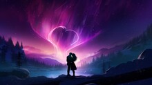 Couple Kissing Under Heart-shaped Northern Lights AI Generated Illustration