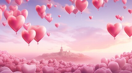 Wall Mural - Depict a series of tiny heart-shaped balloons lifting off into a pink sky for a Valentines Day backdrop AI generated illustration