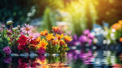 Poster - background of a picturesque garden, vibrant and colorful flowers bloom, as leaves sway summer breeze, showcasing the beauty of nature and the love for floral beauty.