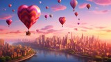 Heart-shaped hot air balloons flying over a cityscape AI generated illustration