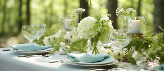 Poster - The summer table was adorned with a beautiful flower arrangement, set against a background of a delicate nature-inspired art design on a wooden table, enhanced by soft white and light green accents