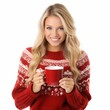 Cozy Festivity: Blond Woman in Red Christmas Sweater with a Warm Cup of Tea. Generative ai