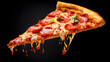 © Mahdi Langari - Delicious tasty slice of pepperoni pizza flying on dark background
