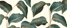 Background With Tropical Leaves Of Dark Green Color With Golden Line Elements. Botanical Art Poster For Design Of Print, Banner, Textile, Wallpaper, Interior Design, Packaging.