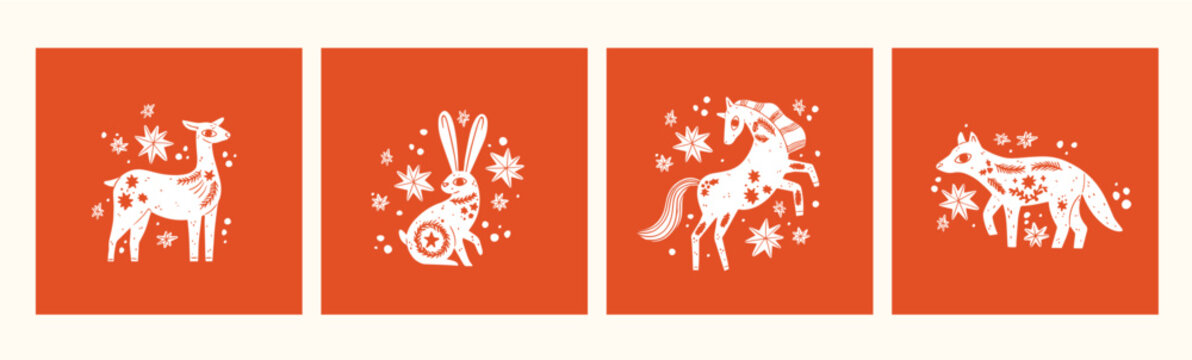 Simple Scandinavian wild animal with winter details. Animal art. Retro floral doodle. Apparel print. Plant blossom. white silhouette. Vector vintage. Rabbit, fox, bear, doe. Fashion nordic graphic