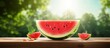 summer sun, a sweet watermelon sits on a wooden table. Cut into sections, the circular fruit with its succulent red flesh is a refreshing treat. The green rind frames the vibrant and juicy watermelon