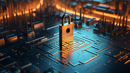 Wall Mural - Padlock on top of computer circuit board poster web page PPT background, digital technology background