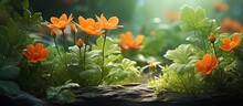 In An Isolated Garden, The Background Depicted Lush Green Leaves And Vibrant Orange Flowers, Creating A Breathtaking Spring Scenery. The Contrasting Textures Of The Petals And The Delicate Beauty Of