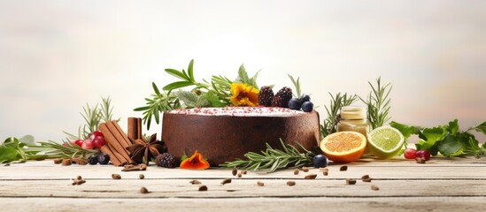 Sticker - A mouthwatering and healthy dessert, this organic cake showcases the vibrant colors of nature with its array of fresh herbs, spices, and ingredients presented on a wooden surface against a white