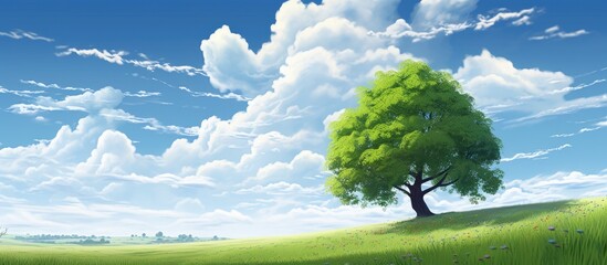 Poster - beautiful summer landscape, a lush green tree stands tall against a backdrop of clear blue sky, as the light from the sun reveals a picturesque scene of vibrant grass and blooming flowers, creating a