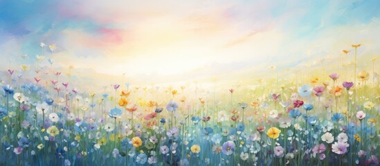 Wall Mural - in a mesmerizing abstract floral garden, the sky's vibrant blue reflects off the golden sun, while t