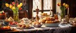 Slava, a Serbian celebration, filled the kitchen with the aroma of freshly baked bread and gourmet cake while the table was adorned with a feast of traditional Easter food, creating a picturesque